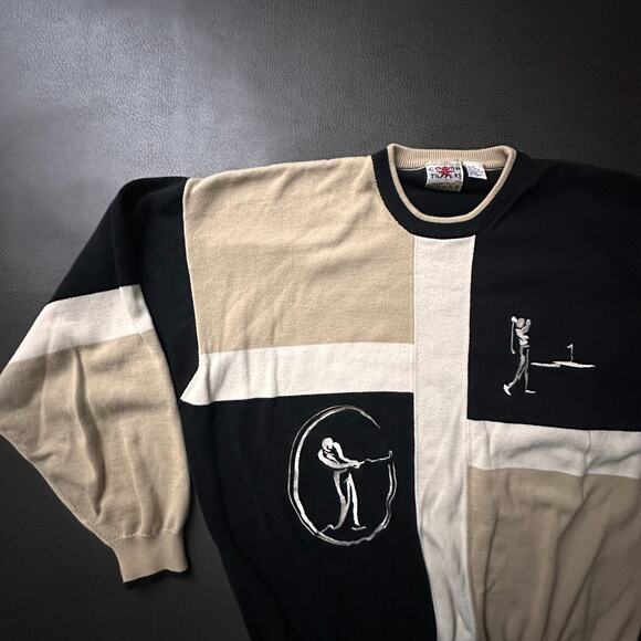 VTG Cotton Traders Sweater Mens XL Black Tan Golf Colorblock Geometric 80s 90s - Picture 3 of 8